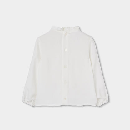 Blusa branca com renda e gola franzida
