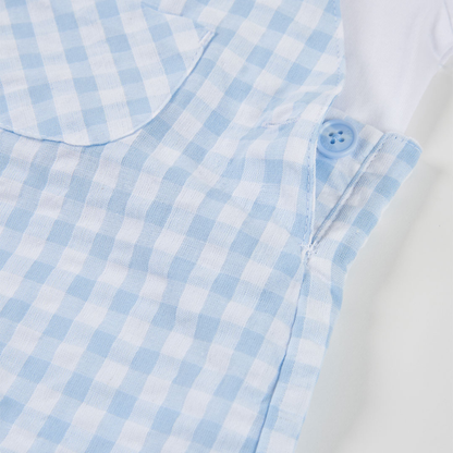 Conjunto de Jardineiras Vichy Azul e Branco e Body