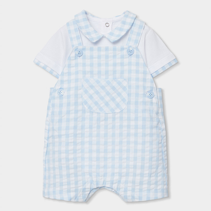 Conjunto de Jardineiras Vichy Azul e Branco e Body