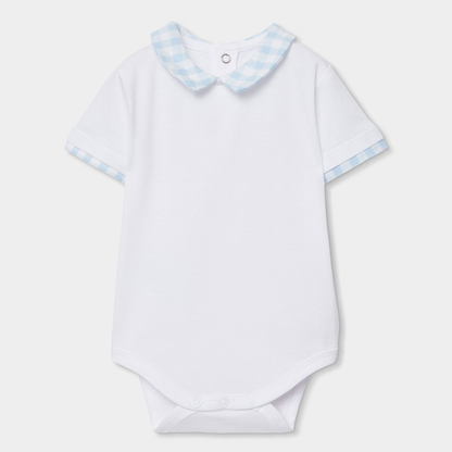 Conjunto de Jardineiras Vichy Azul e Branco e Body