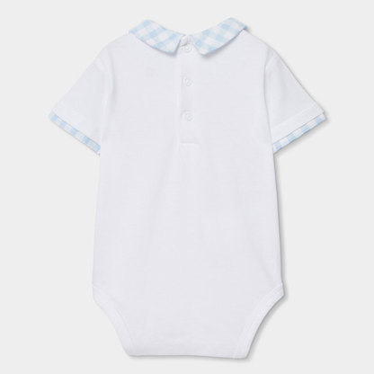 Conjunto de Jardineiras Vichy Azul e Branco e Body