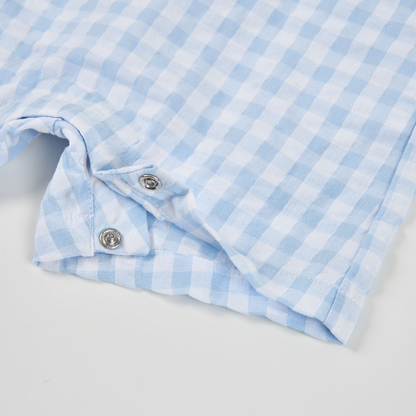 Conjunto de Jardineiras Vichy Azul e Branco e Body