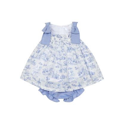 Vestido com  Tapa Fraldas em Algodão Toile de Jouy