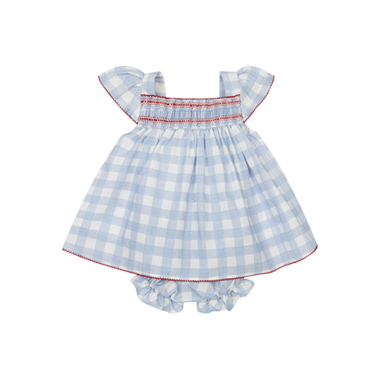 Vestido com Tapa Fraldas em Algodão Vichy Azul e Branco