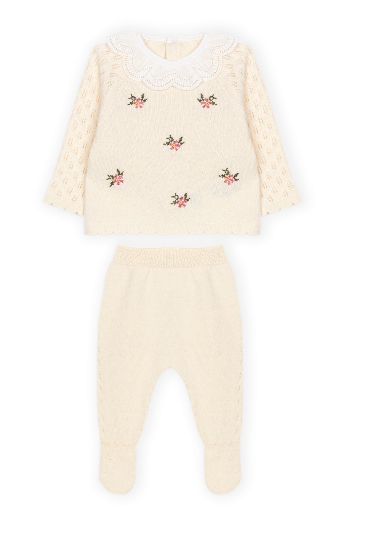 Conjunto de Malha com Flores Bordadas e Gola Rendada para Bebé