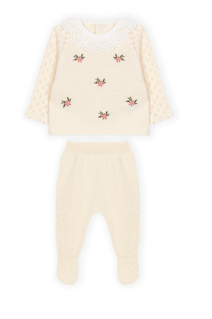 Conjunto de Malha com Flores Bordadas e Gola Rendada para Bebé