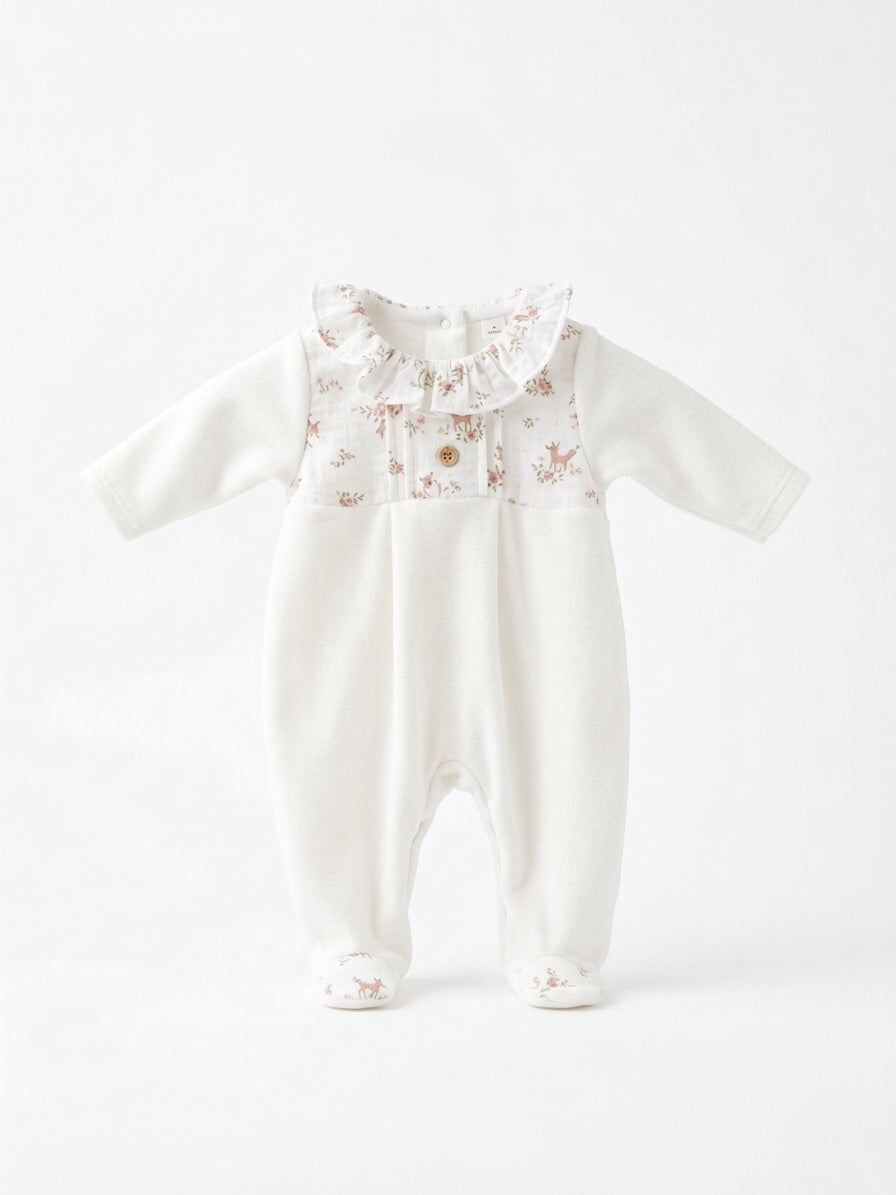 Babygrow de Veludo com Gola de Folho e Padrão Veados