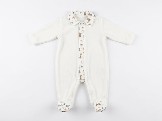 Babygrow de Veludo com Gola de Camisa e Padrão Floresta
