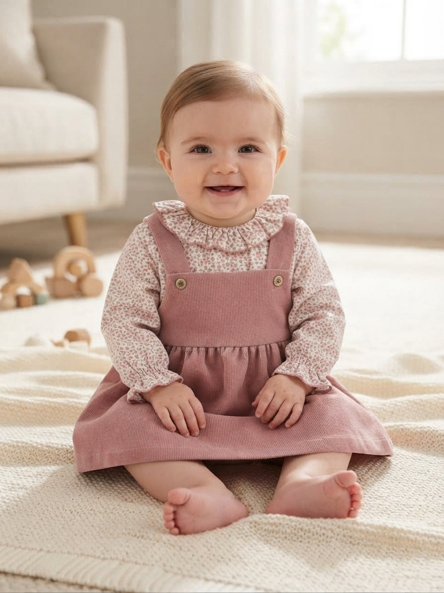 Conjunto Vestido e Blusa com Folho Cor de Rosa