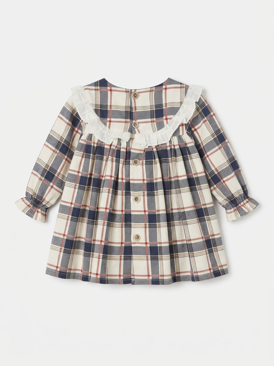 Vestido com Tapa Fraldas Xadrez com Folho na Gola e Punhos Elásticos