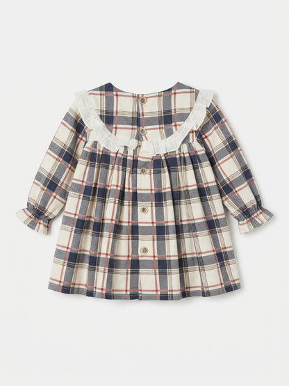 Vestido com Tapa Fraldas Xadrez com Folho na Gola e Punhos Elásticos