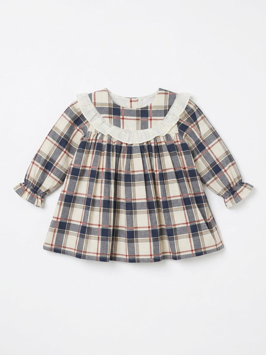 Vestido com Tapa Fraldas Xadrez com Folho na Gola e Punhos Elásticos
