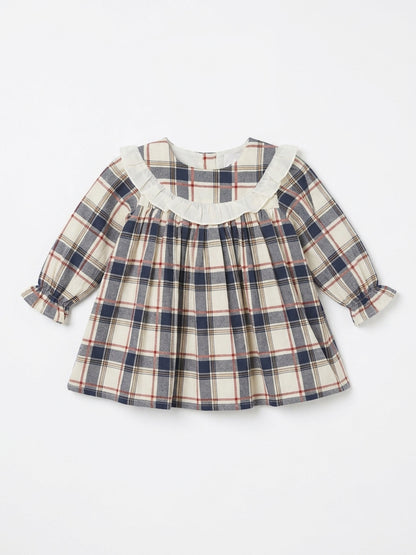 Vestido com Tapa Fraldas Xadrez com Folho na Gola e Punhos Elásticos