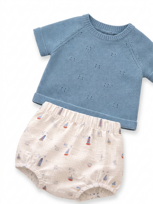 Conjunto de Camisola de Malha e Fofo Com Padrão Náutico