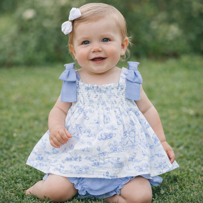 Vestido com  Tapa Fraldas em Algodão Toile de Jouy