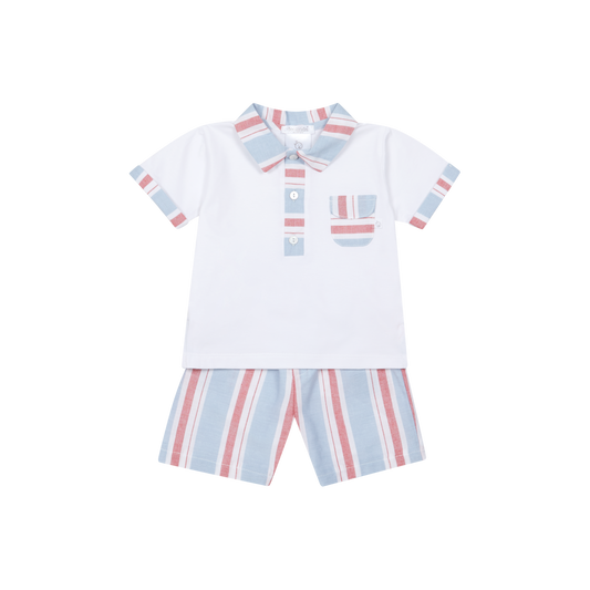 Conjunto T-shirt e Calções Algodão Riscas Vermelhas