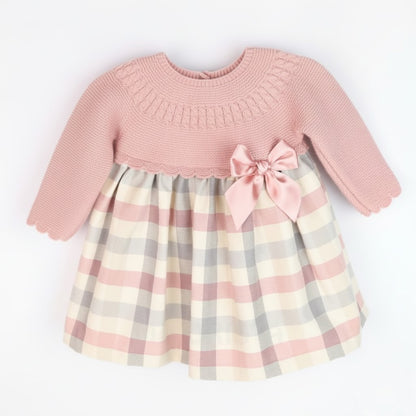 Vestido em Malha e Padrão de Quadrados com Laço – Rosa