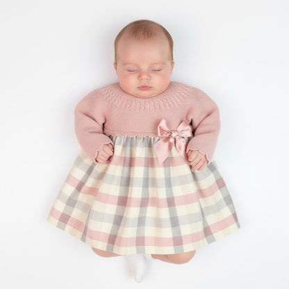 Vestido em Malha e Padrão de Quadrados com Laço – Rosa
